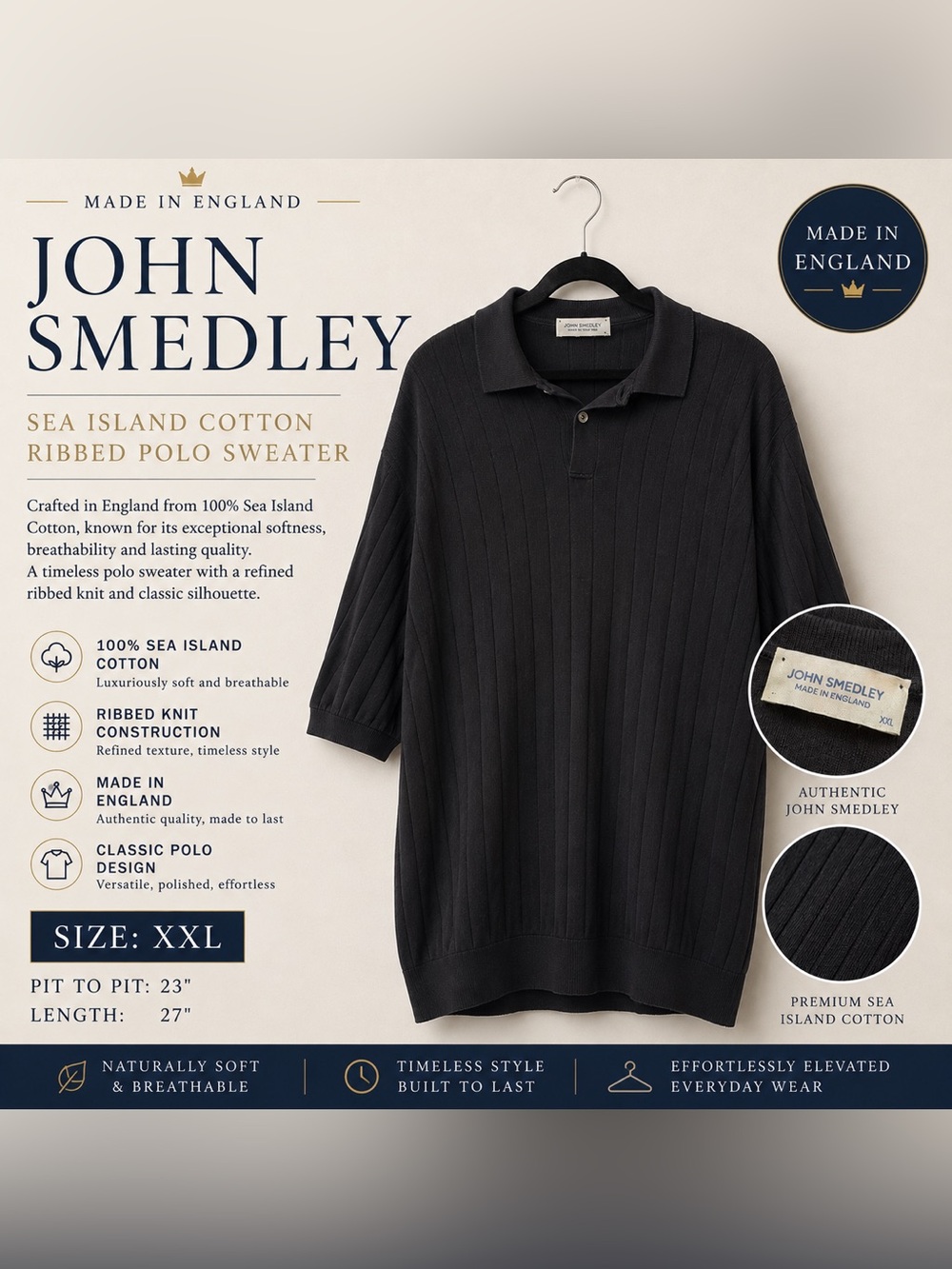 John Smedley Sea Island Cotton Ribbed Polo Sweater Made in England XXL Luxury